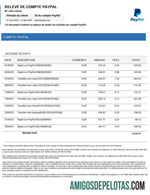 Modelo de extrato de conta PayPal da França